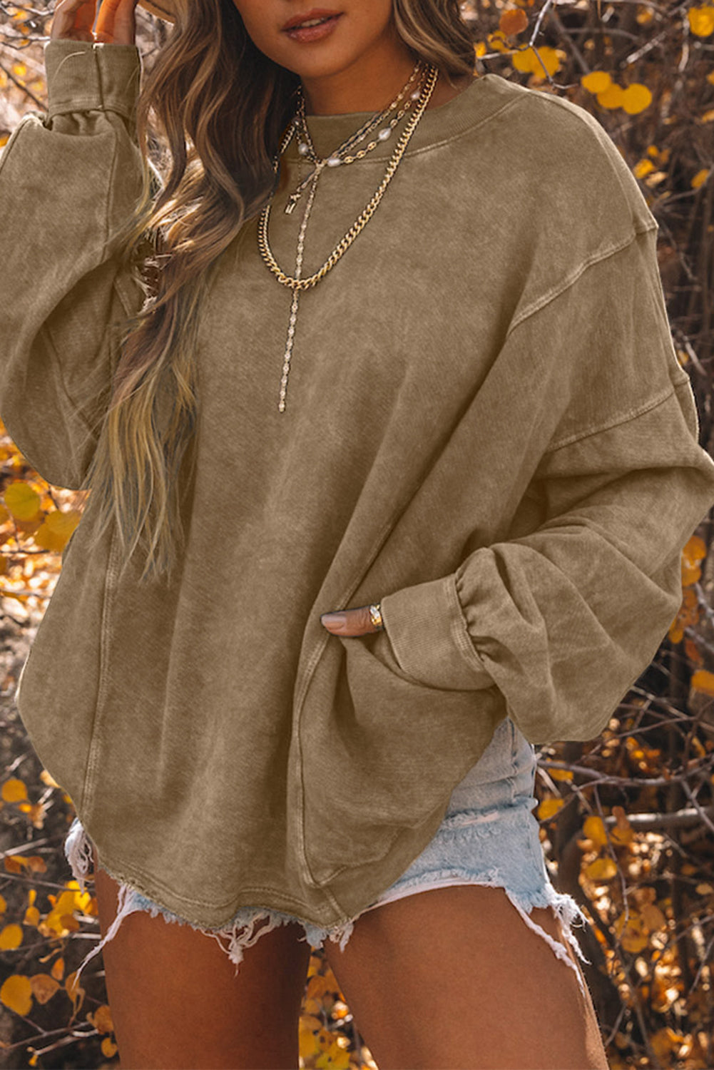 Cali Chic Khaki Exposed Seam Twist Open Back Oversized Sweatshirt