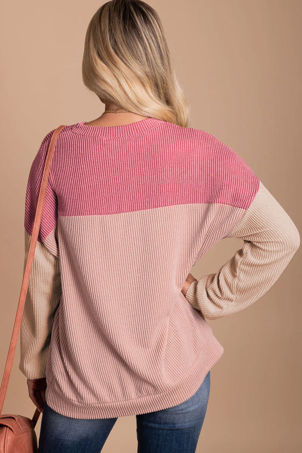 Cali Chic Women's Top Pink Color Block Celebrity Long Sleeve Ribbed Loose