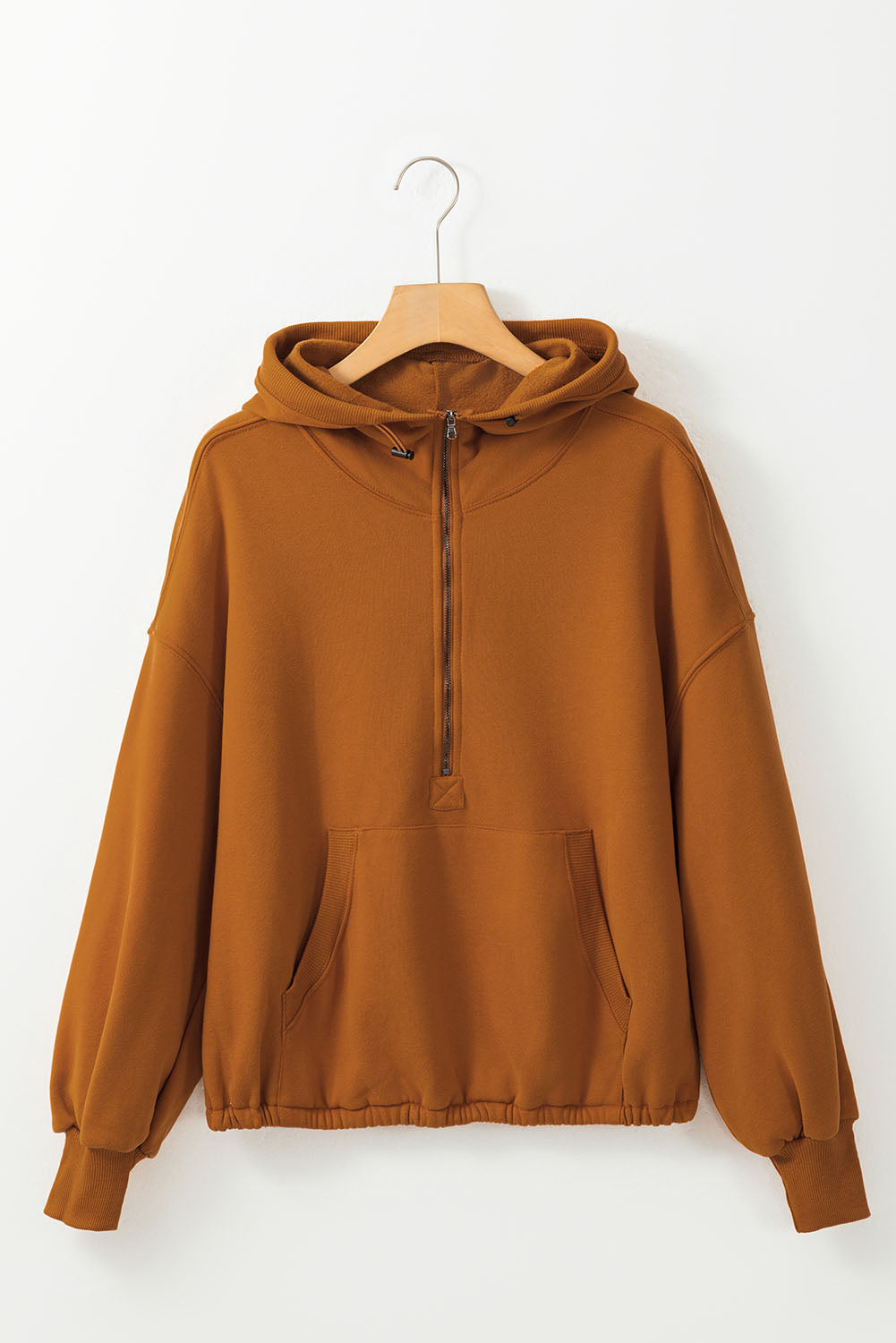 Brown Ribbed Trim Kangaroo Pocket Zipped Hoodie