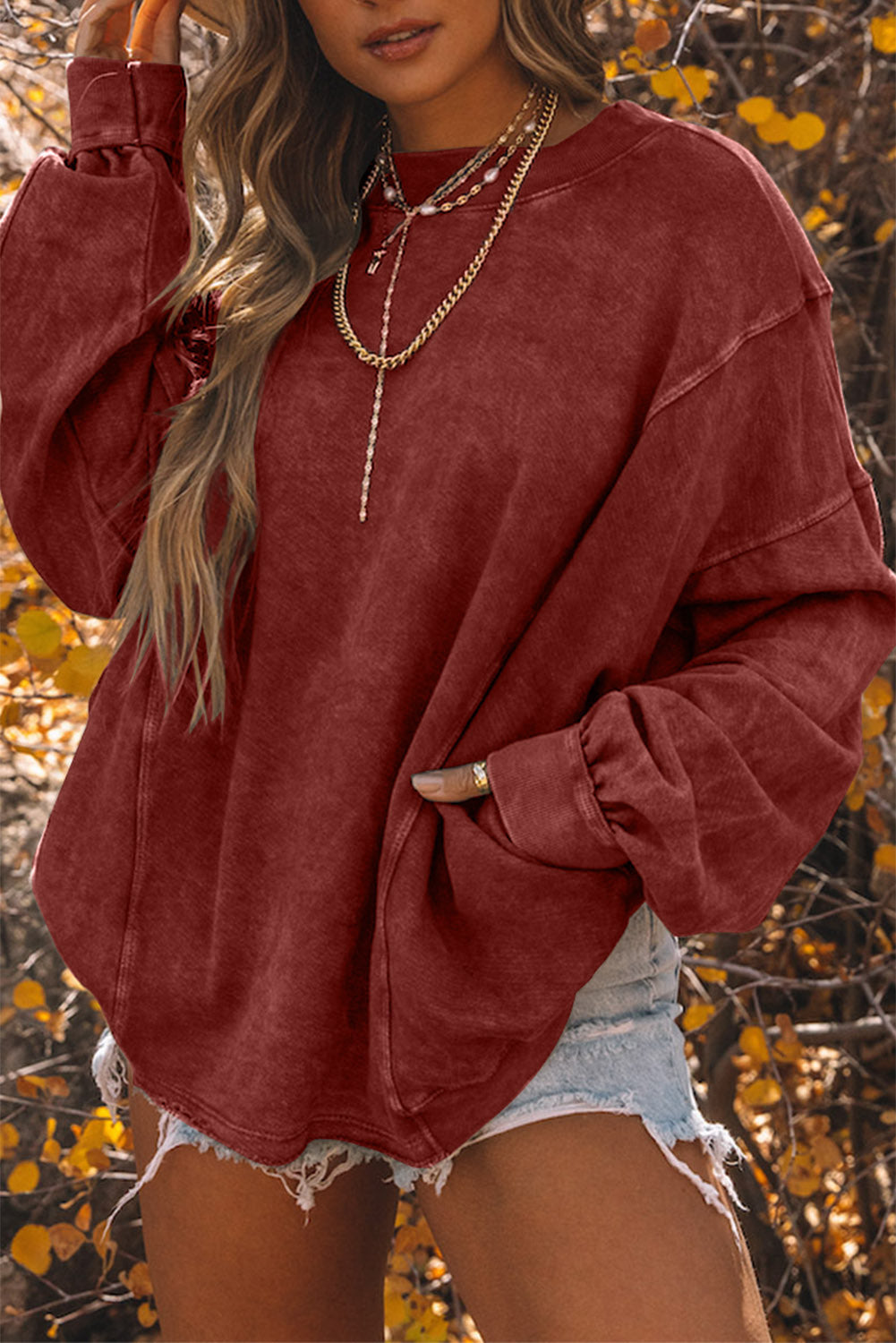 Red Exposed Seam Twist Open Back Oversized Sweatshirt