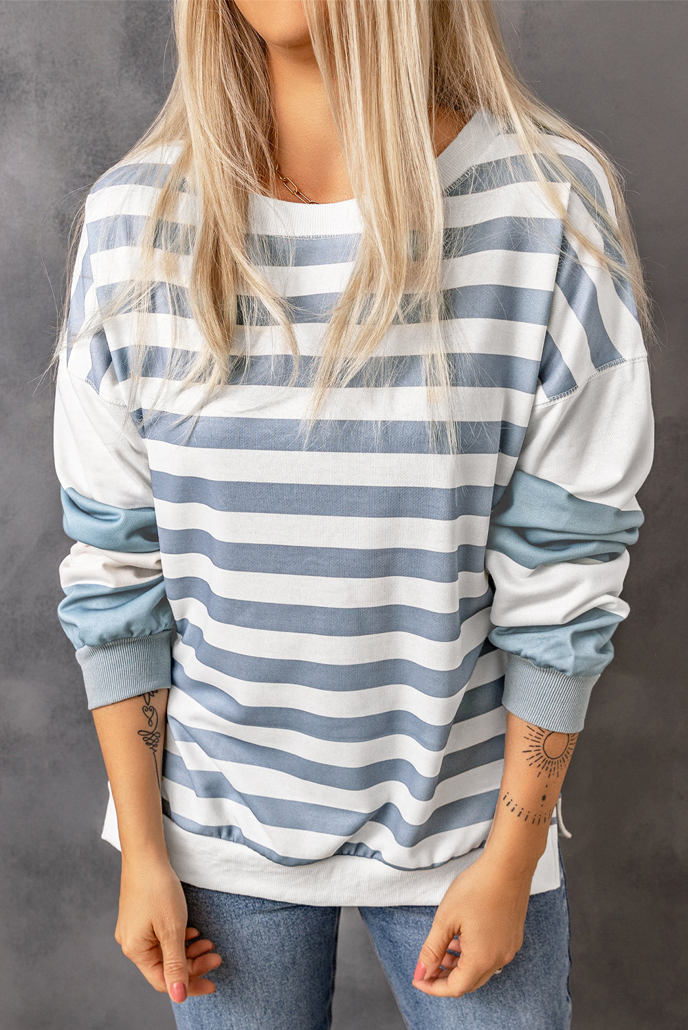 Cali Chic Stripe Drop Shoulder Striped Pullover Sweatshirt