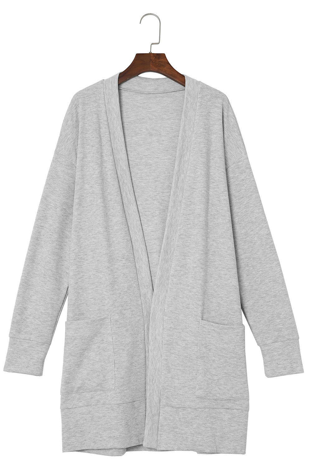 Cali Chic Women Cardigan Light Gray Thermal Waffle Knit Pocketed