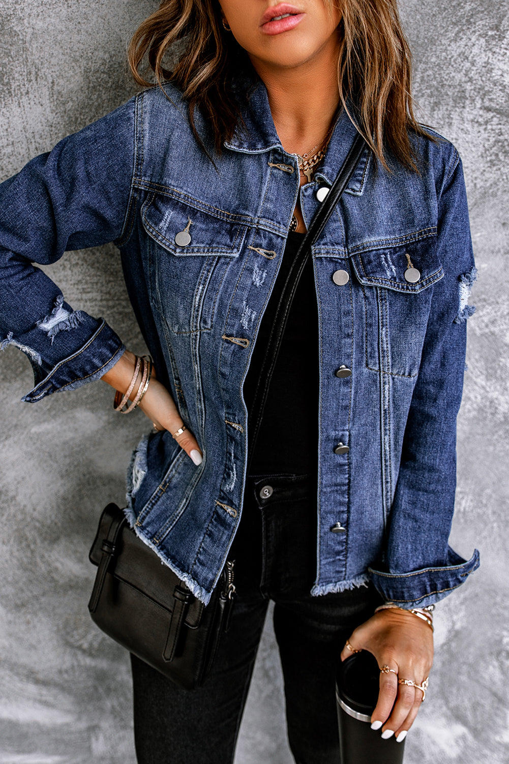 Cali Chic Blue Lapel Distressed Raw Hem Buttons Denim Jacket