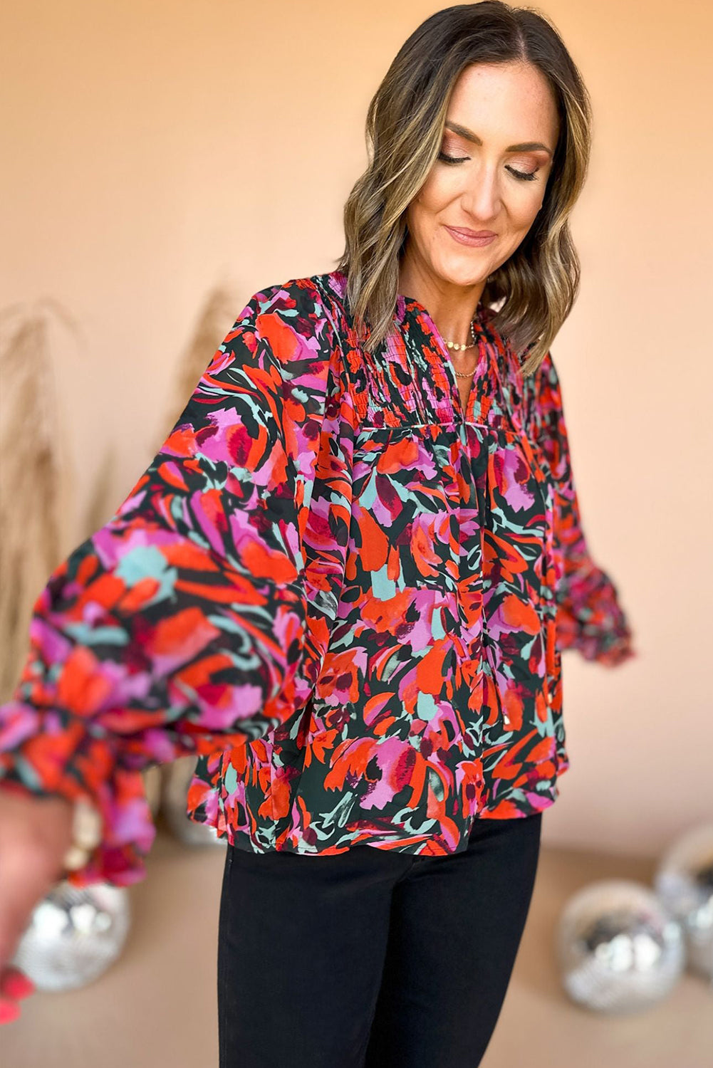 Red Dahlia Abstract Floral Shirred Detail Puff Sleeve Blouse