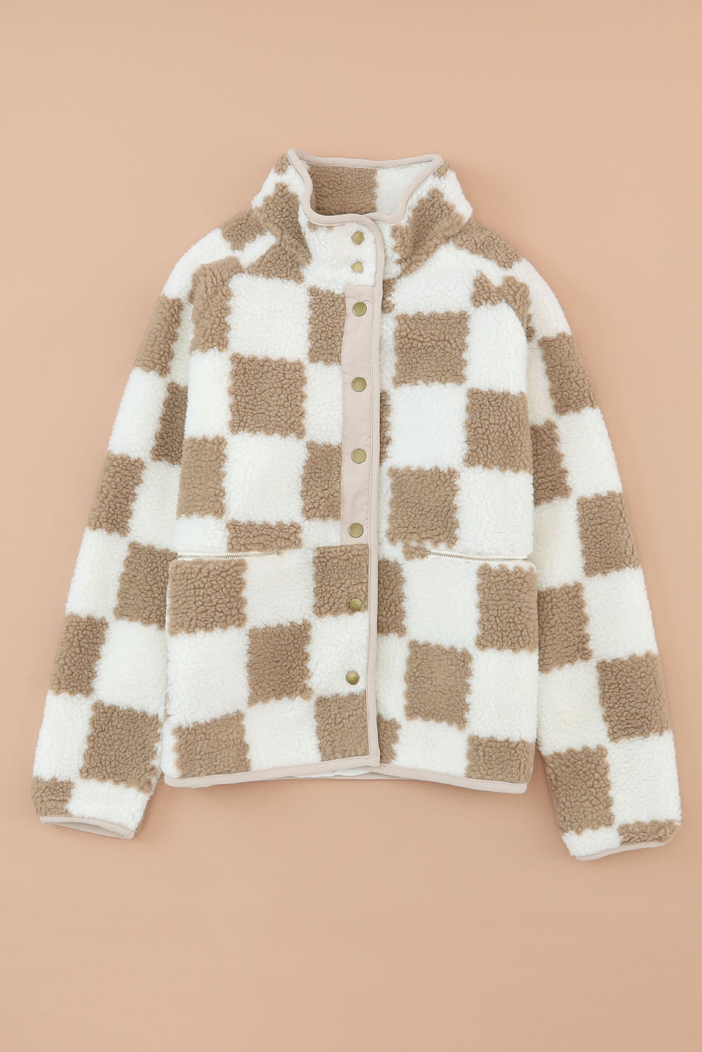 Cali Chic Brown Checked Snap Button Sherpa Jacket