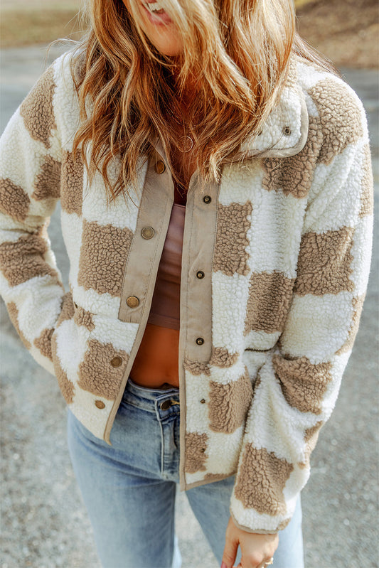 Cali Chic Brown Checked Snap Button Sherpa Jacket