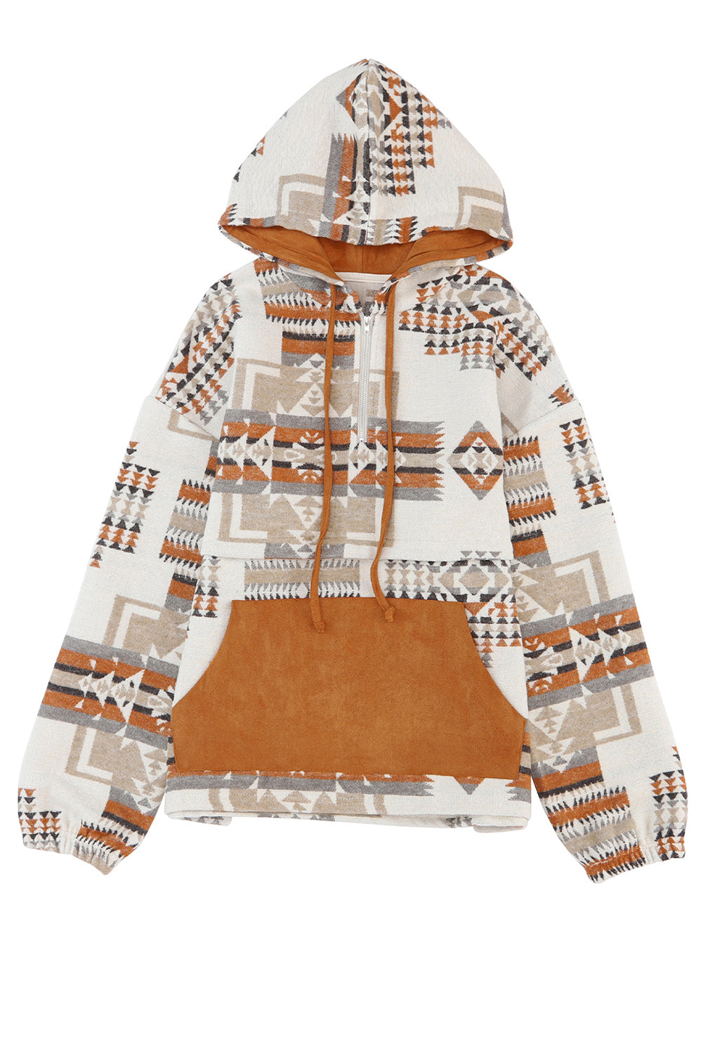 Cali Chic Beige Aztec Print Kangaroo Pocket Half-Zip Hoodie