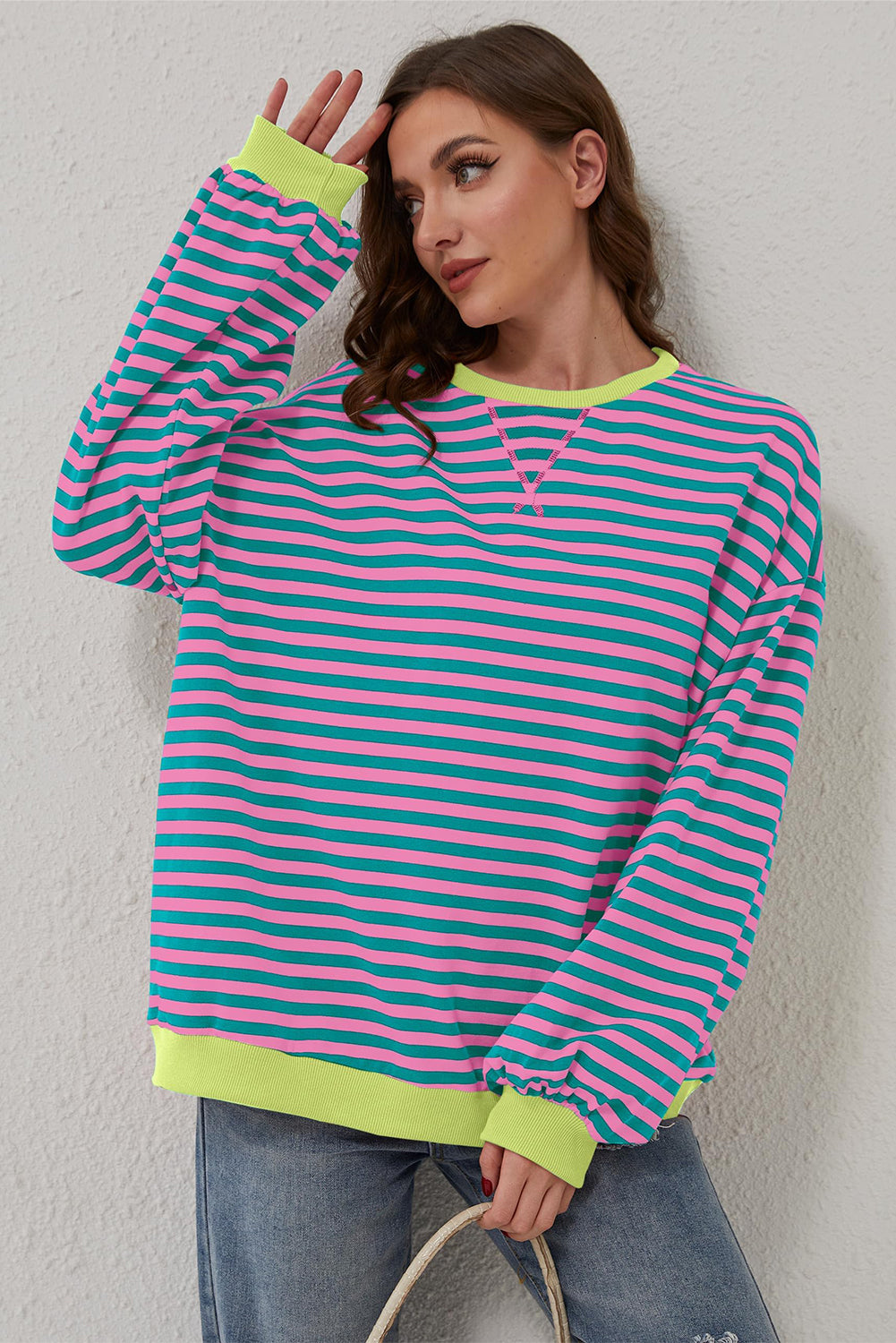 Cali Chic Women Sweatshirt Green Stripe Oversized Contrast Trim Knit Round Neck Pullover