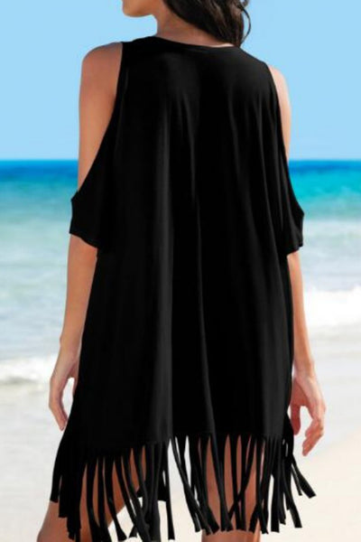 Fringe V-Neck Cold Shoulder Cover Up