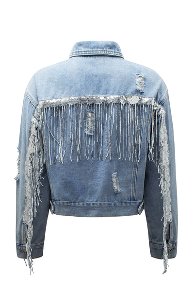 Sky Blue Sequin Embellished Fringe Distressed Denim Jacket