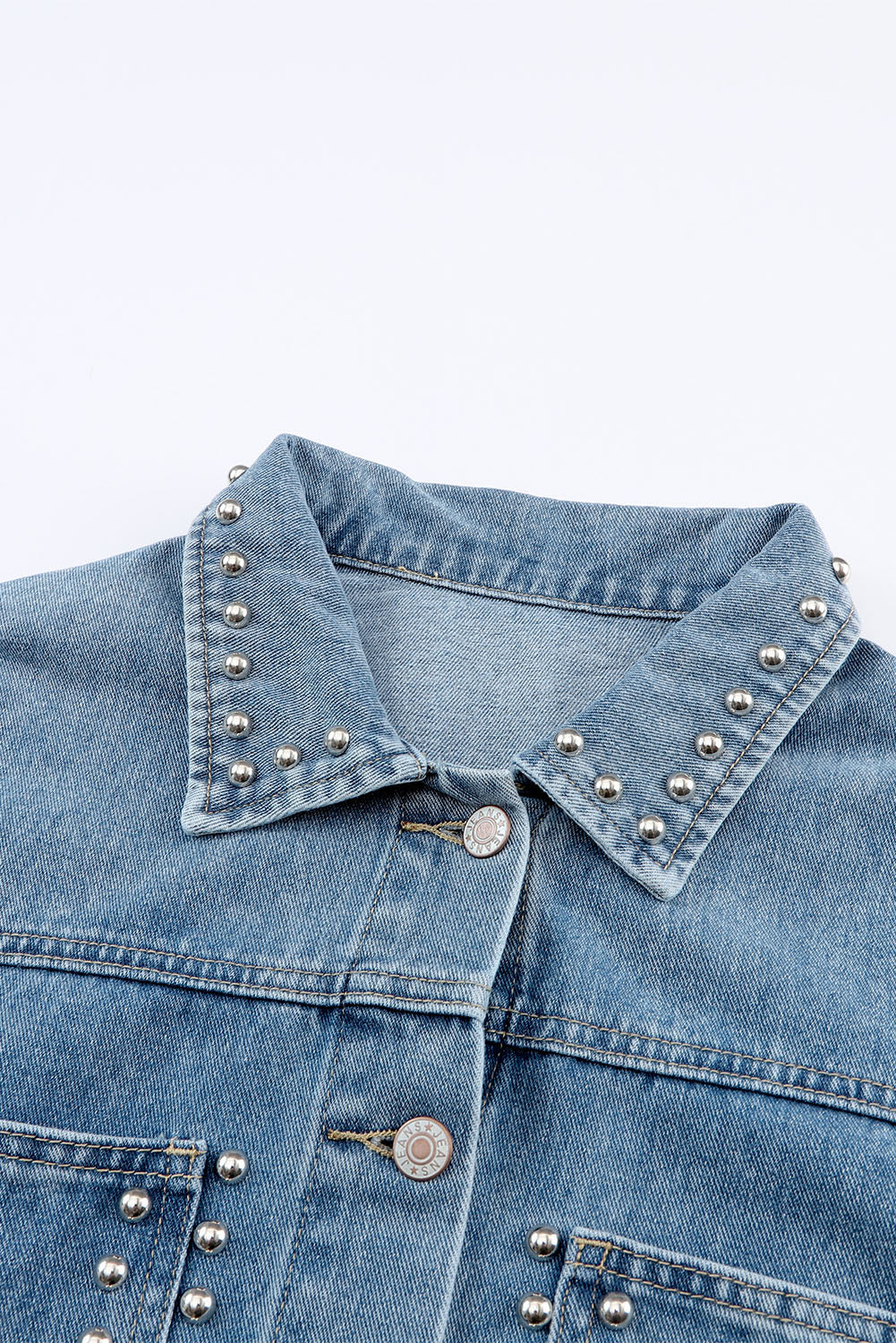 Cali Chic Sky Blue Rivet Studded Pocketed Denim Jacket