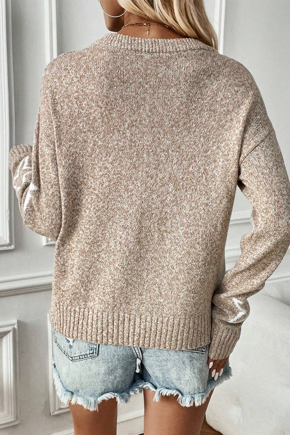 Cali Chic Women Sweater Khaki Star Pattern Drop Shoulder Pullover Top