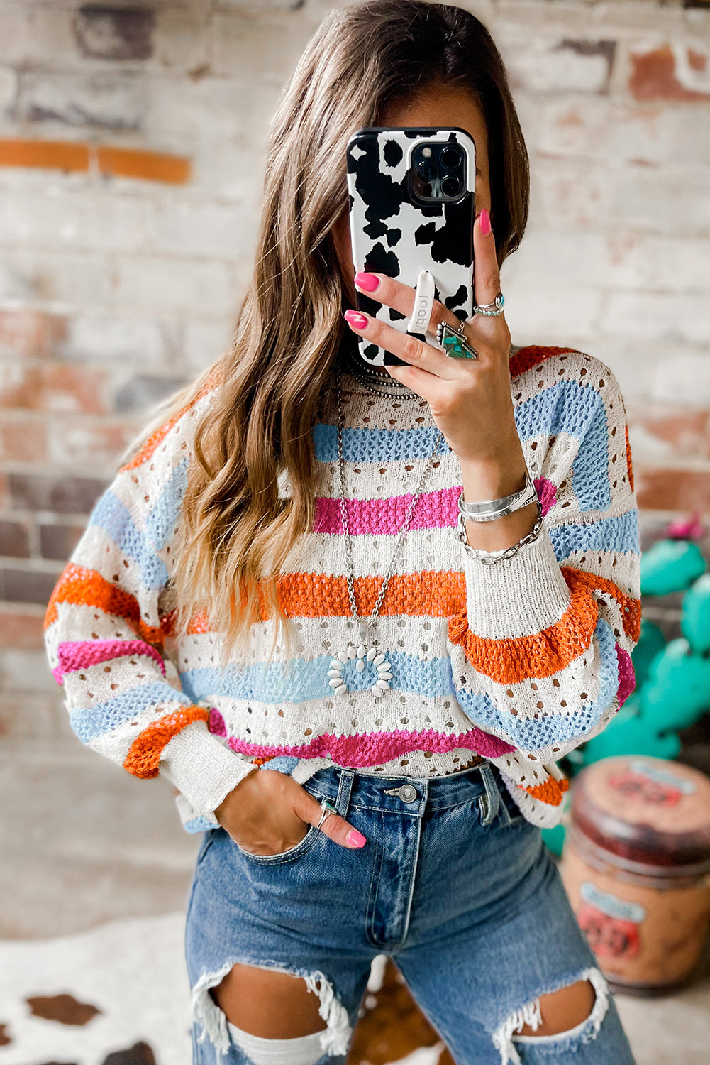 Striped Hollowed Knitted Loose Sweater