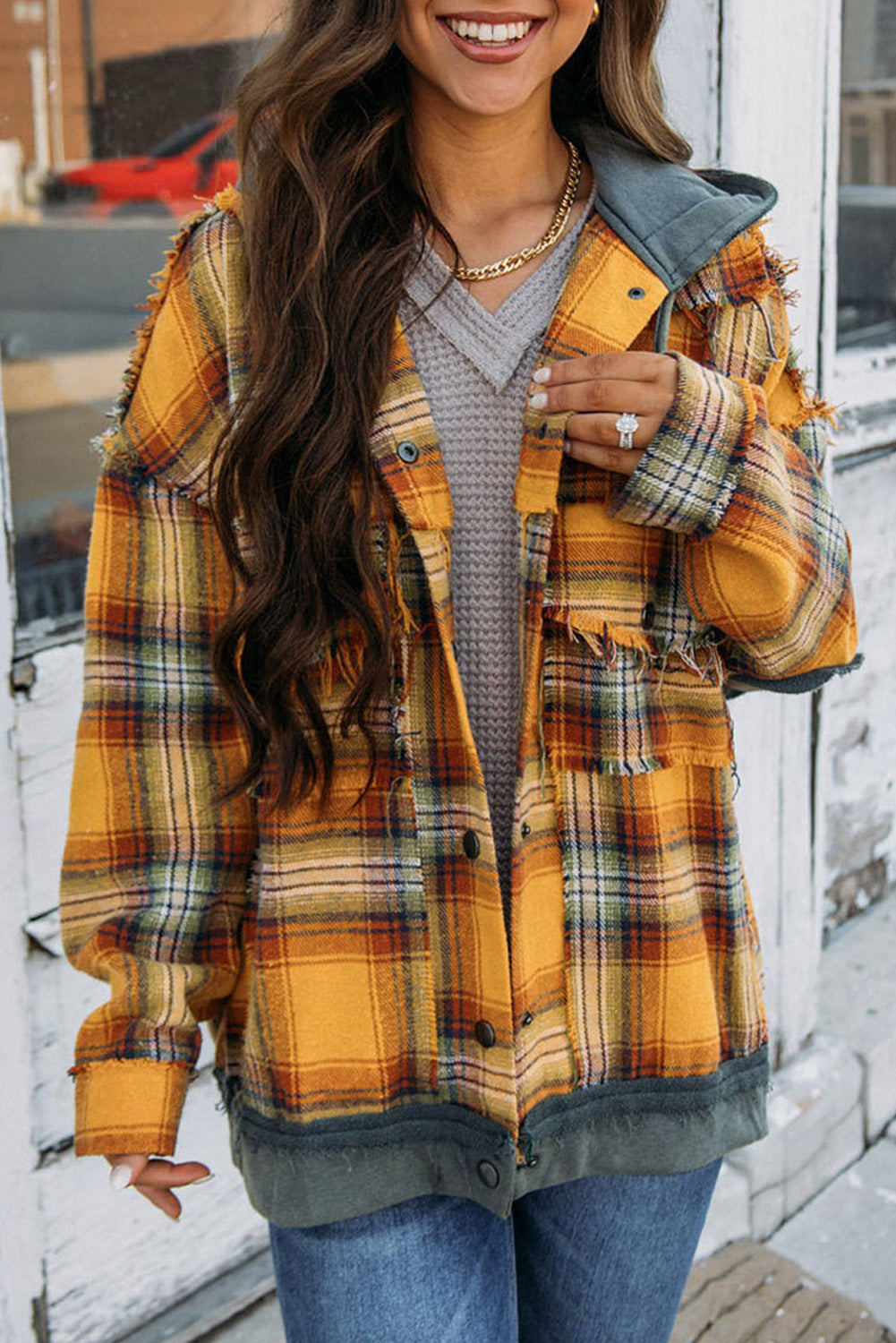 Cali Chic Orange Plaid Patch Hooded Frayed Snap Button Jacket