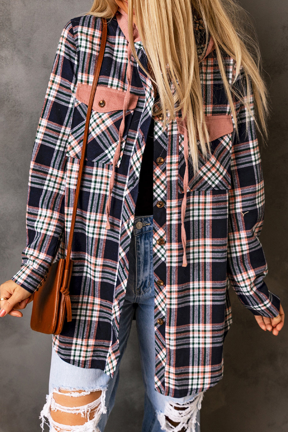 Cali Chic Women Pink Contrast Hooded Drawstring Plaid Shacket Jacket