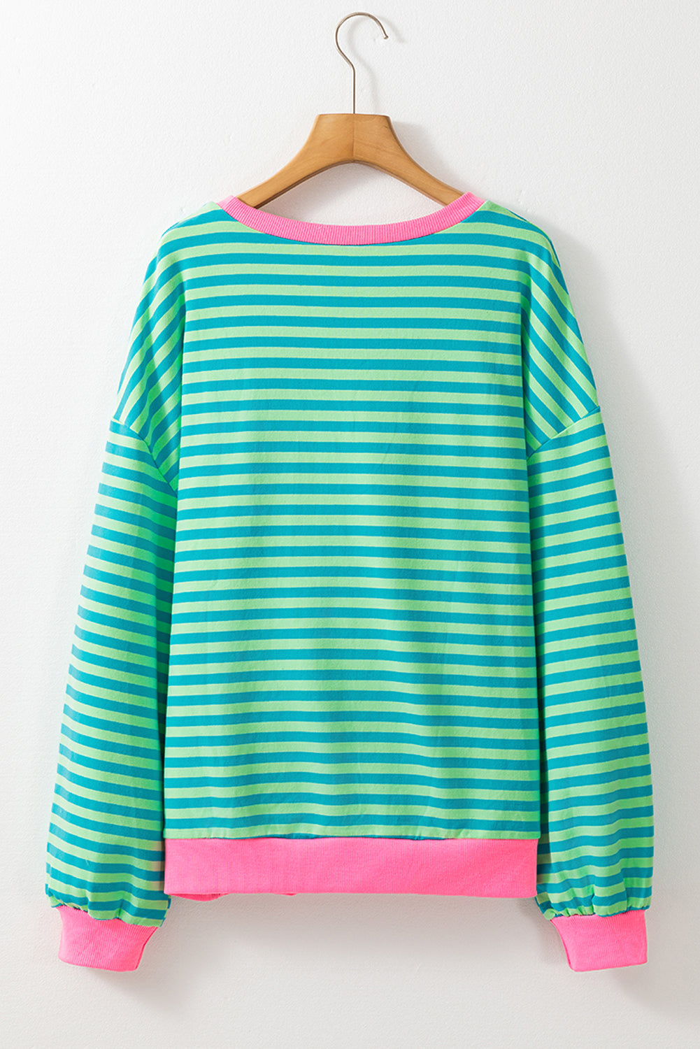 Cali Chic Women Sweatshirt Sky Blue Stripe Oversized Contrast Trim Knit Round Neck Pullover