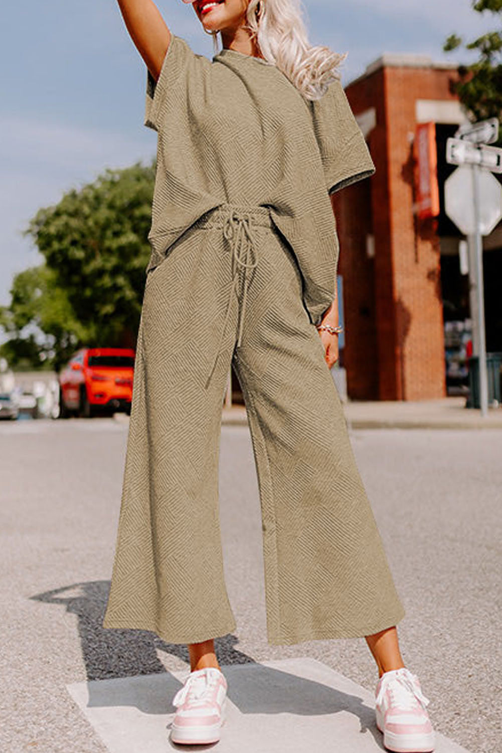 Cali Chic Apricot khaki Textured Loose Fit T Shirt and Drawstring Pants Set