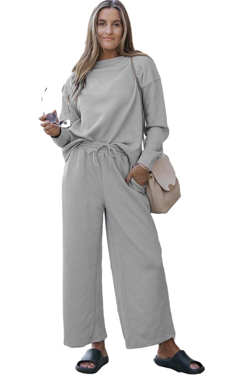 Cali Chic Gray Ultra Loose Textured 2pcs Slouchy Outfit