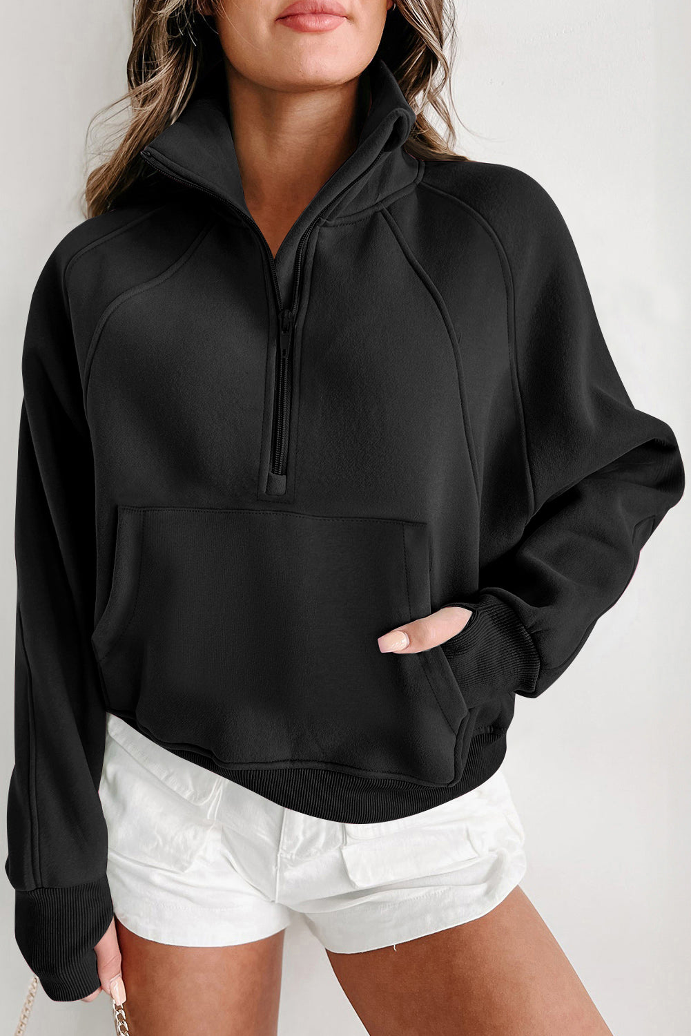 Cali Chic Black Zip Up Stand Collar Ribbed Thumbhole Sleeve Sweatshirt