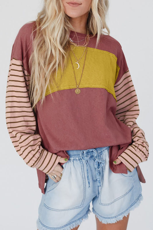 Cali Chic Red Colorblock Striped Bishop Sleeve Top