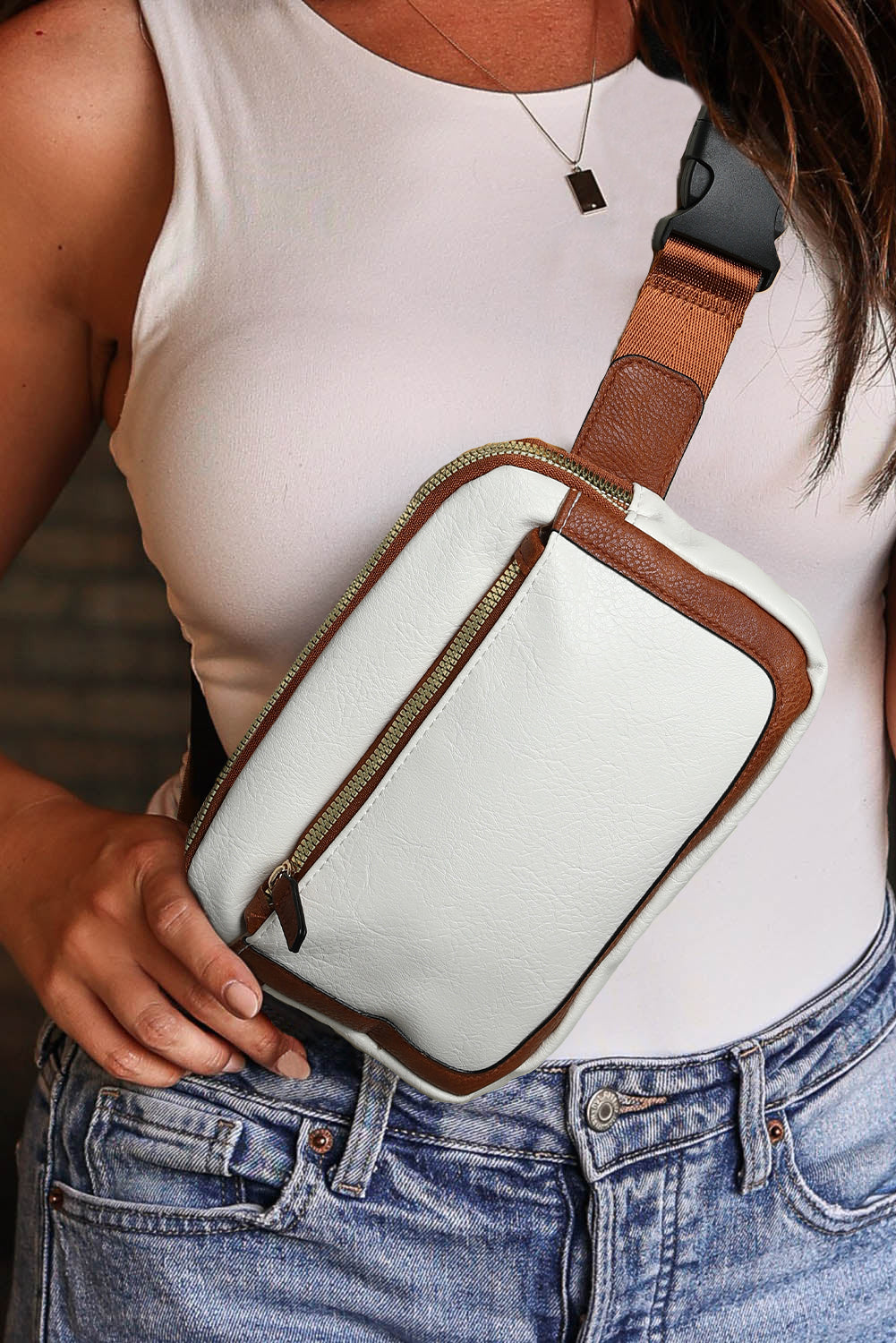 Cali Chic White Adjustable Strap Mini PU Leather Crossbody Bag