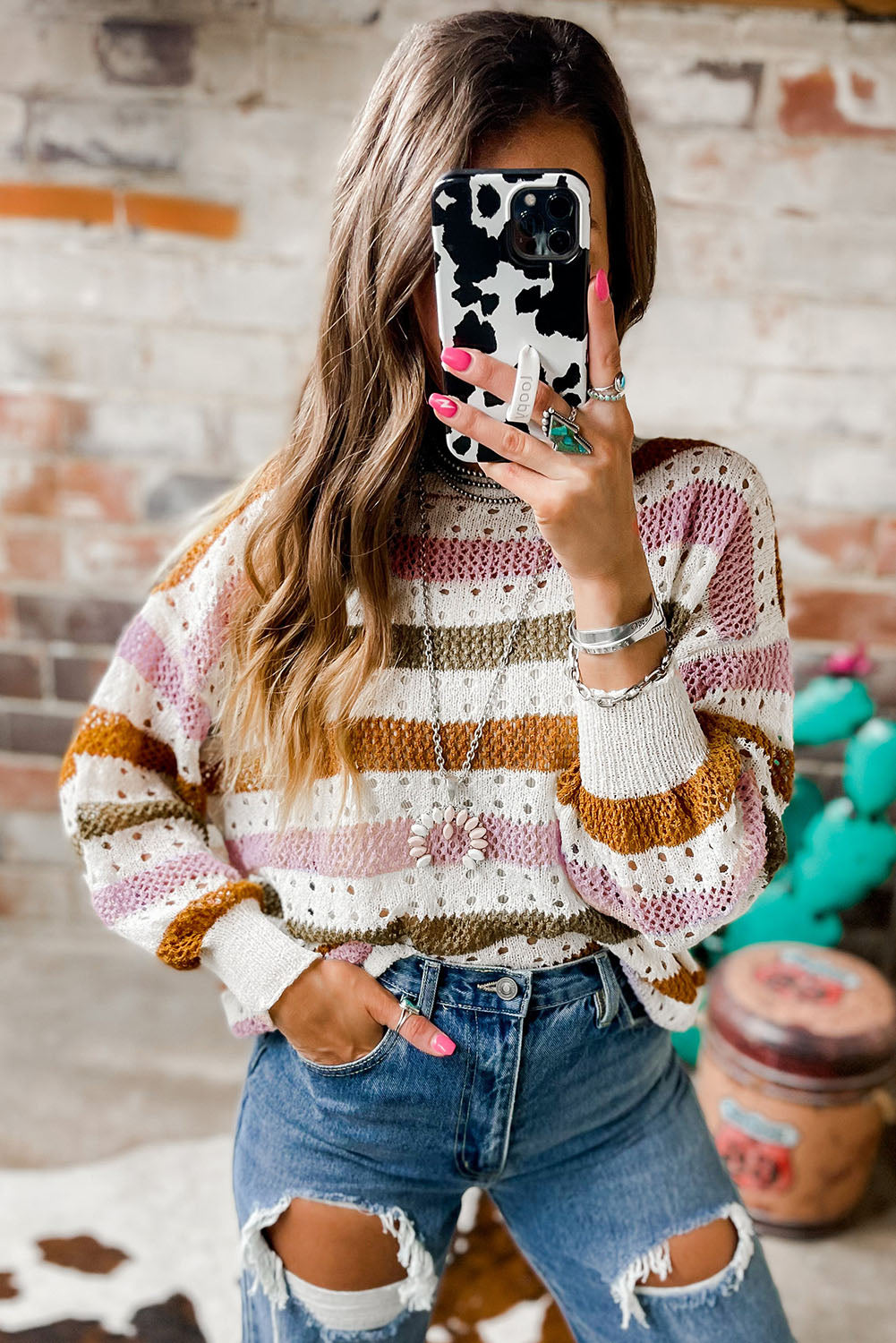 Cali Chic Multicolor Striped Hollowed Knitted Loose Sweater