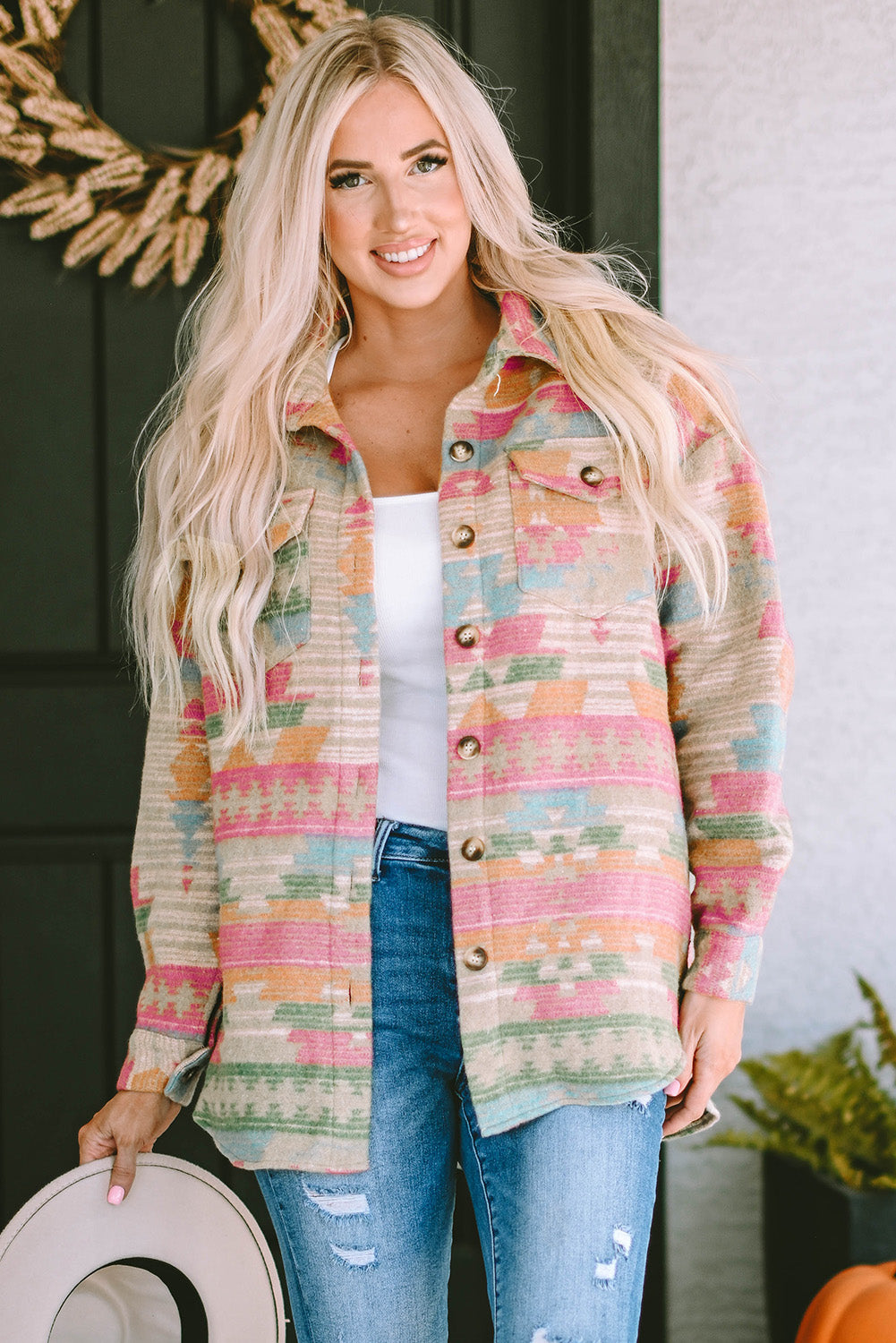 Cali Chic Multicolor Western Aztec Print Button Flap Pocket Shacket