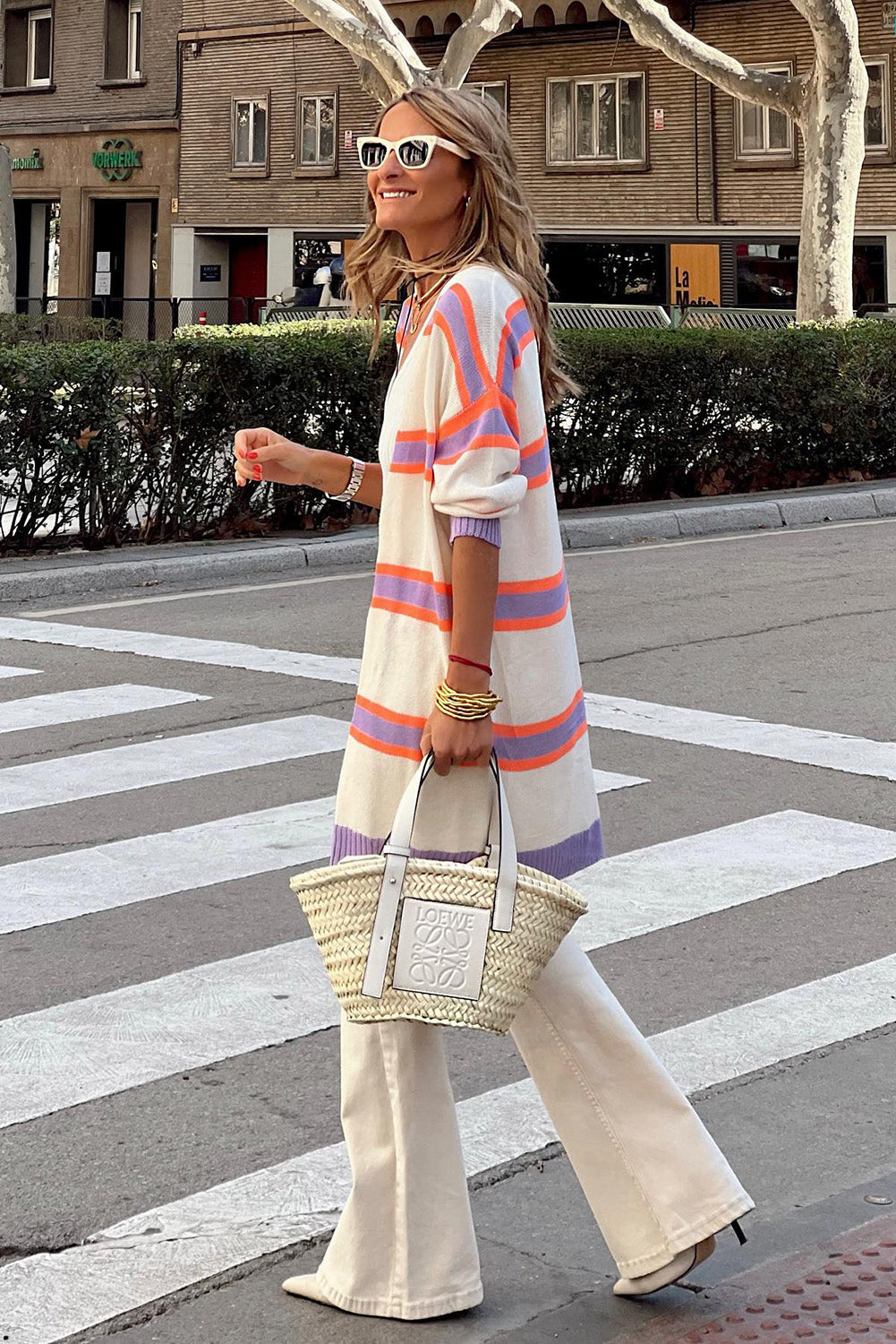 Beige Plus Size Striped Dropped Shoulder Sweater Cardigan