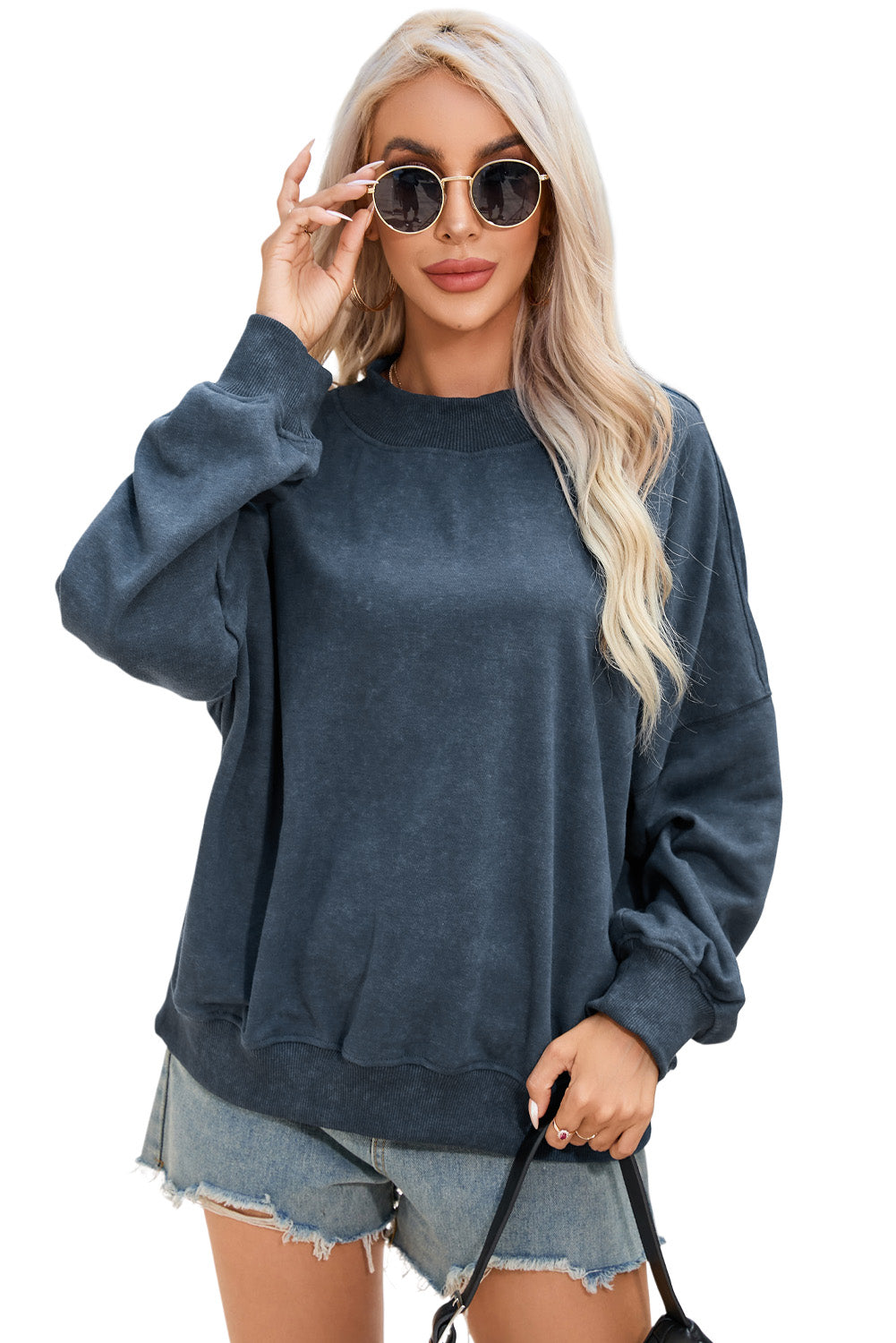 Cali Chic Women Blue Drop Shoulder Crew Neck Pullover Sweatshirt