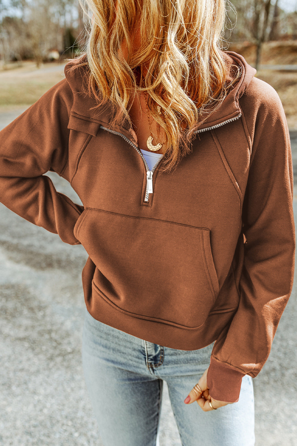 Cali Chic Brown Quarter Zip Kangaroo Pocket Hoodie