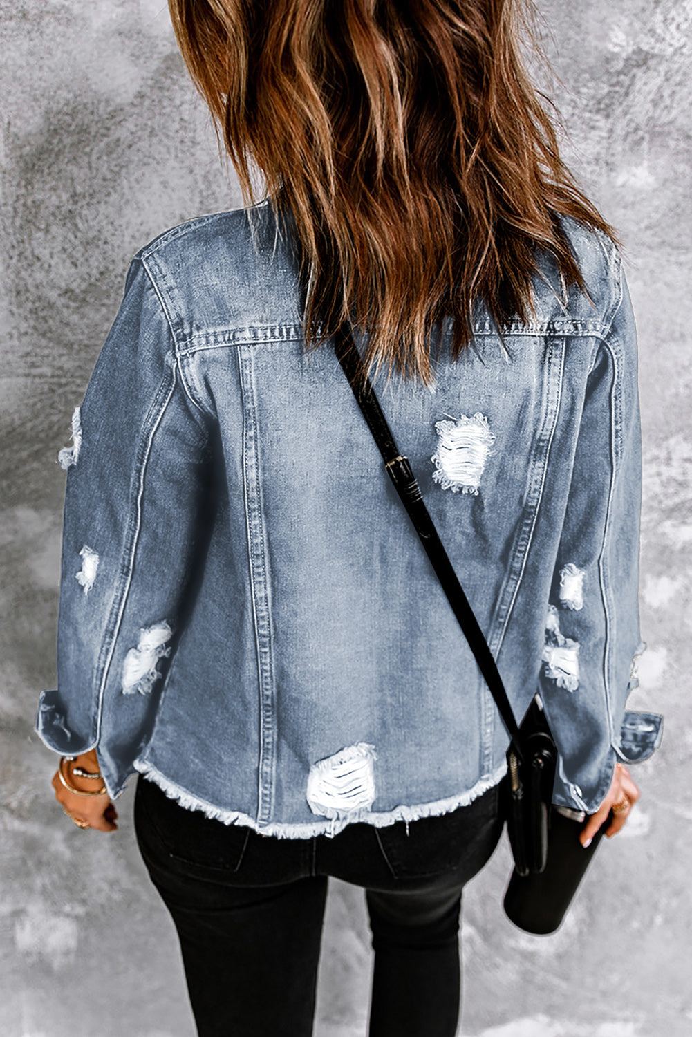 Cali Chic Sky Blue Lapel Distressed Raw Hem Buttons Denim Jacket