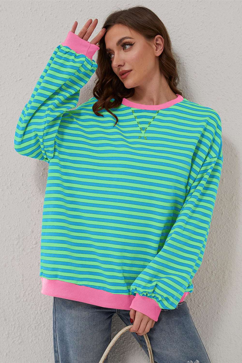 Cali Chic Women Sweatshirt Sky Blue Stripe Oversized Contrast Trim Knit Round Neck Pullover