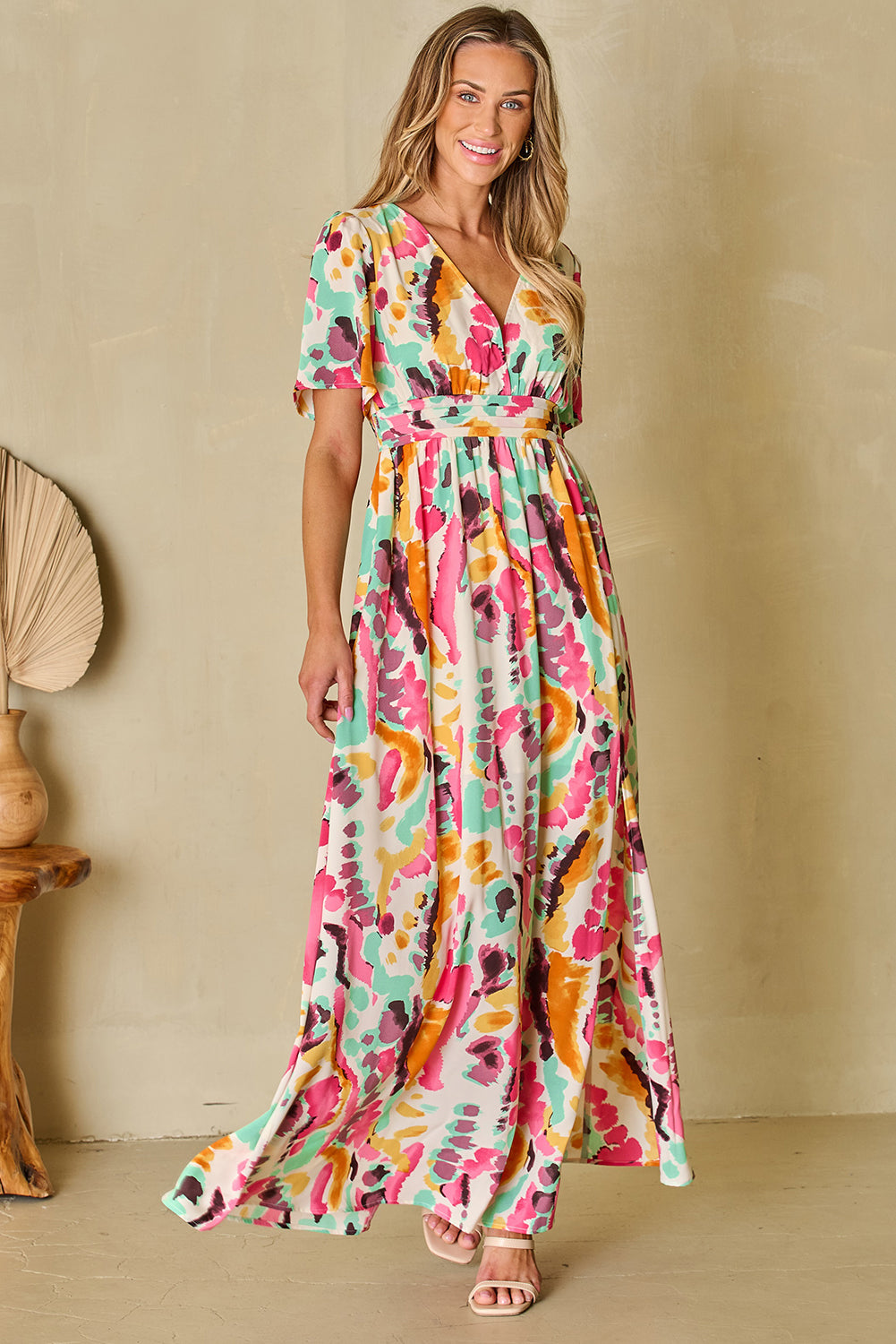 Pink Boho Tie-dye Print V Neck Maxi Dress