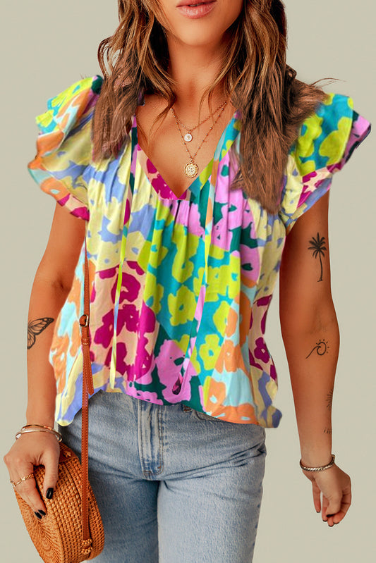 Multicolour Leopard Flutter Sleeve V Neck Crinkled Blouse