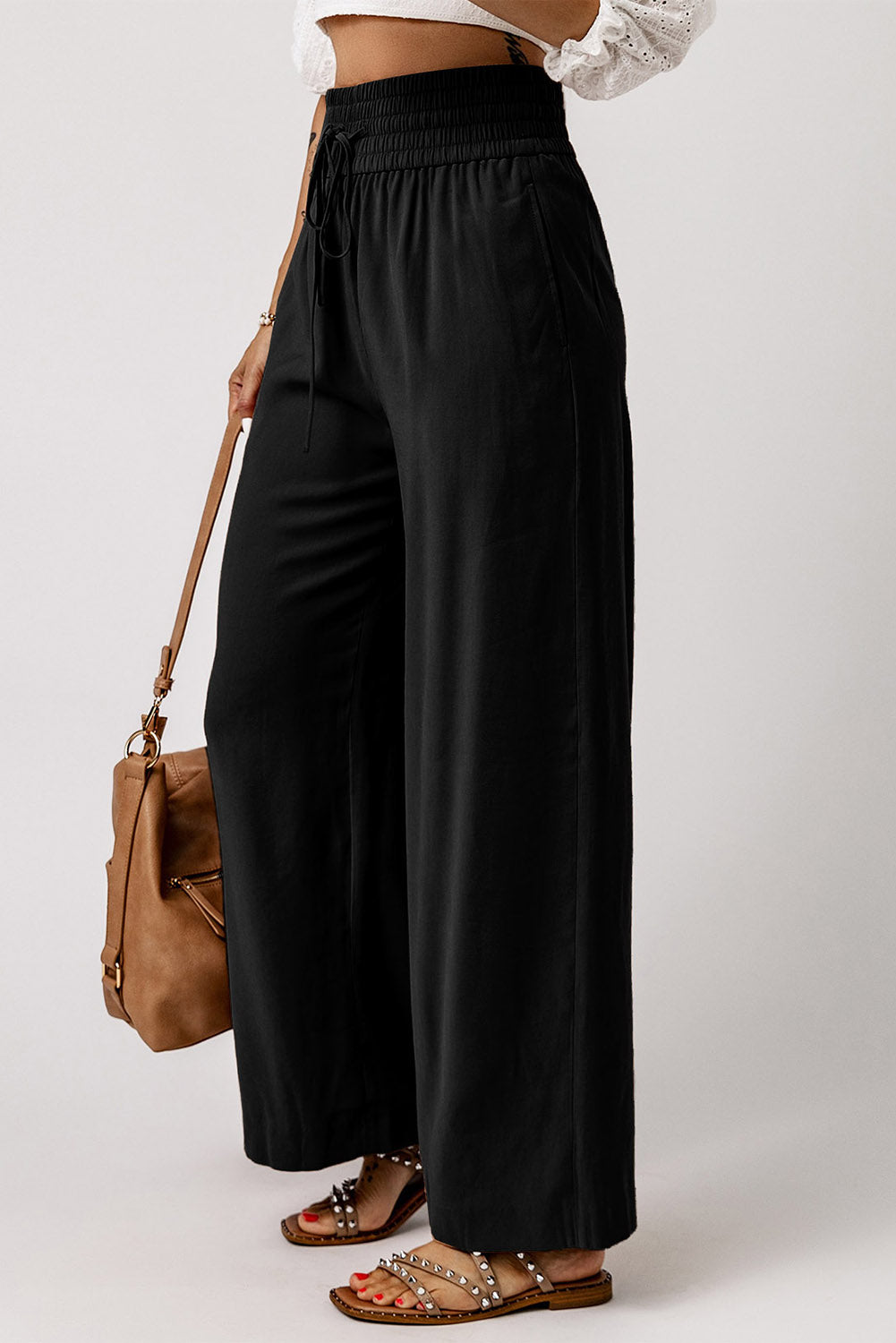 Cali Chic Women Wide Leg Pants Black Drawstring Elastic Waist