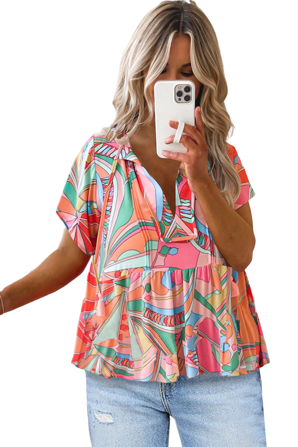 Multicolor Boho Abstract Pattern Split V Neck Flowy Blouse