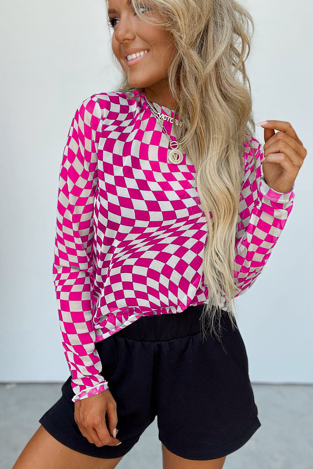 Cali Chic Rose Checkered Pattern Mesh Mock Neck Long Sleeve Top