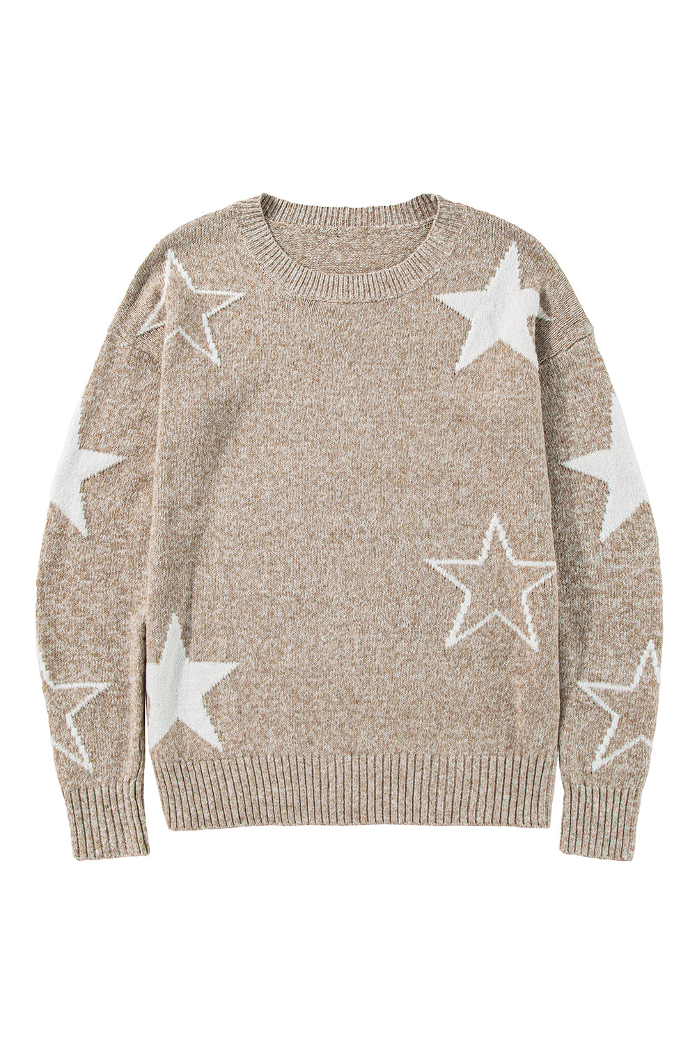 Cali Chic Women Sweater Khaki Star Pattern Drop Shoulder Pullover Top