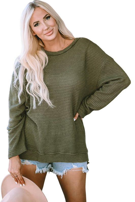 Cali Chic Women Green Waffle Knit High Slits Oversized Tops