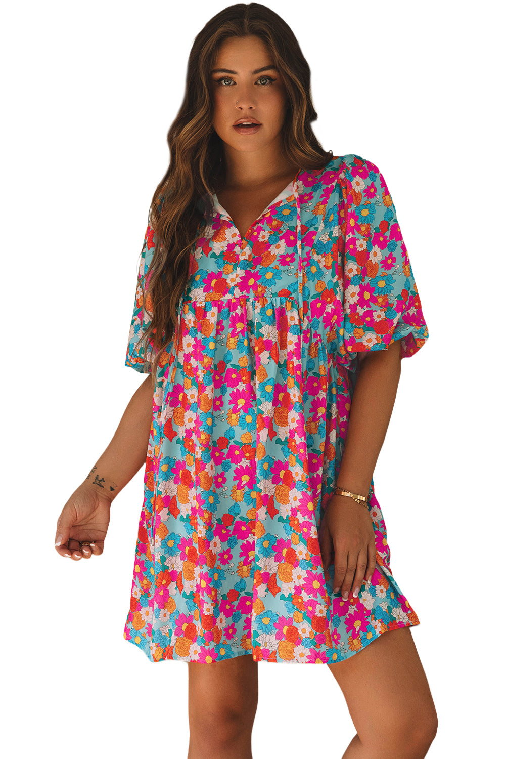 Sky Blue Floral Print Tie Split Neck Bubble Sleeve Babydoll Dress