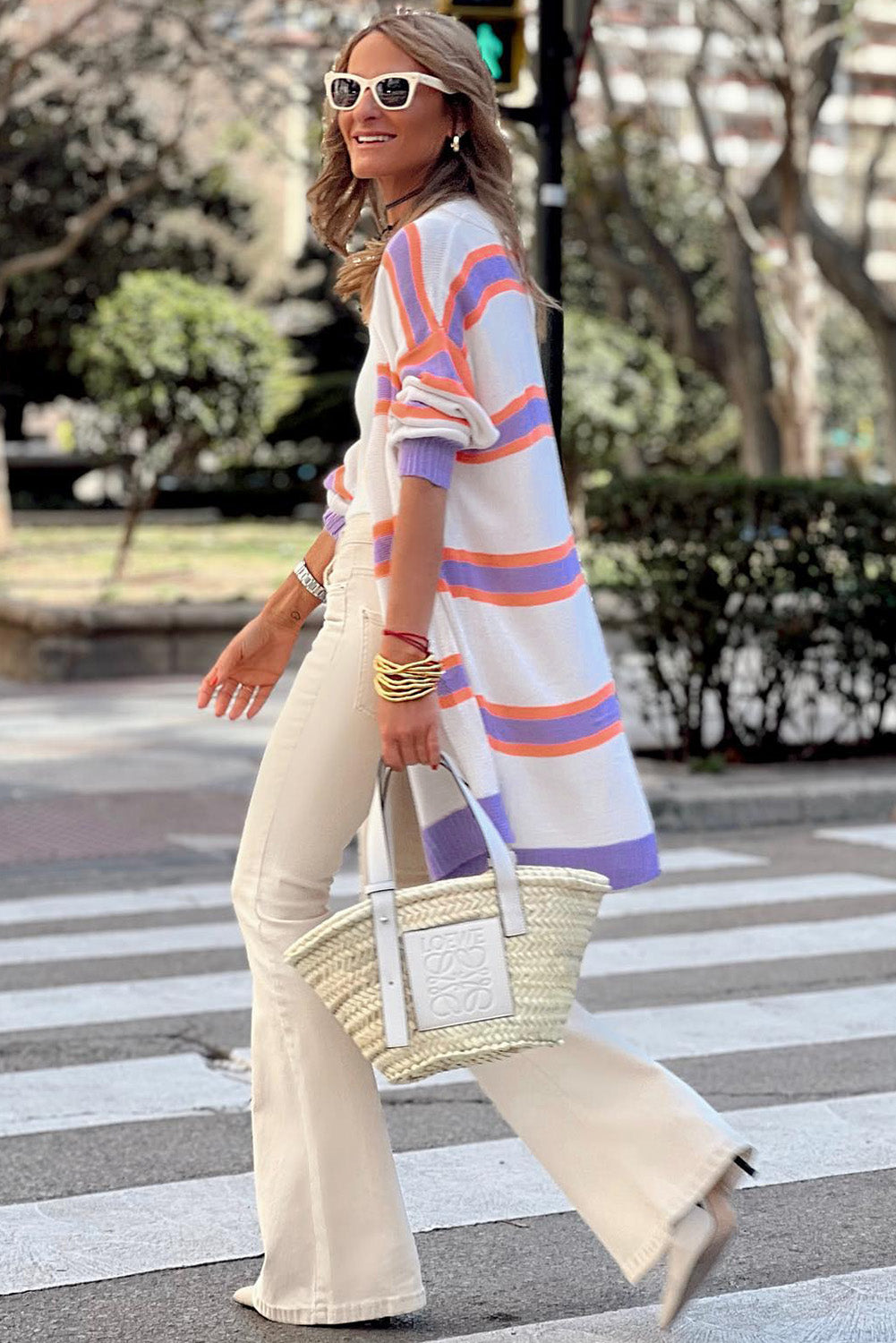 Cali Chic Beige Striped Long Sleeve Ribbed Trim Button Cardigan