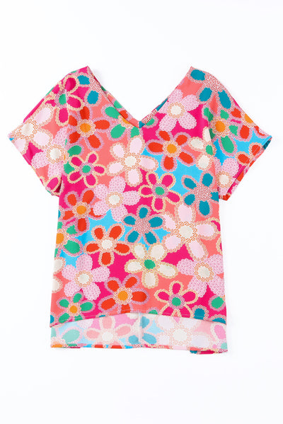 Pink Abstract Print V Neck Dolman Blouse