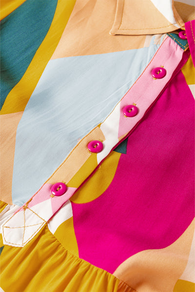 Multicolor Geometric Print Bracelet Sleeve Henley Blouse