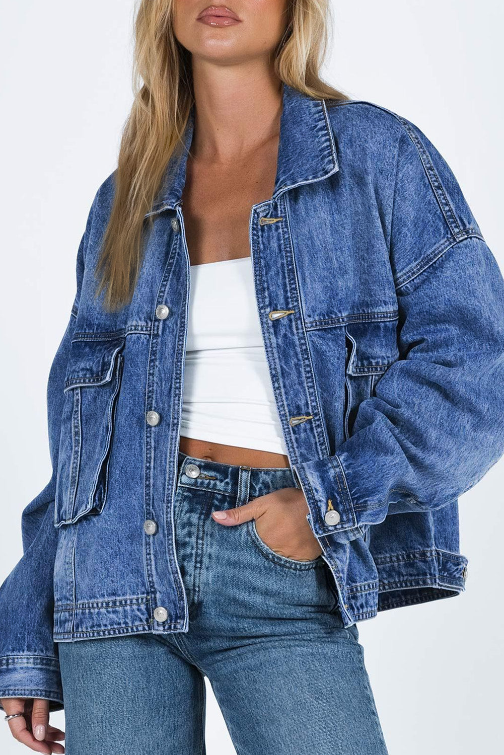 Cali Chic Blue Chest Pockets Drop Shoulder Loose Denim Jacket