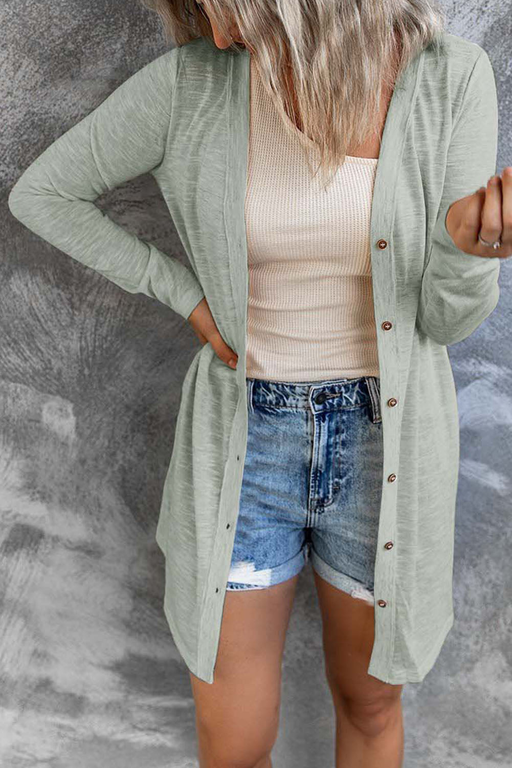 Cali Chic Solid Color Open Front Buttons Cardigan Lt Green