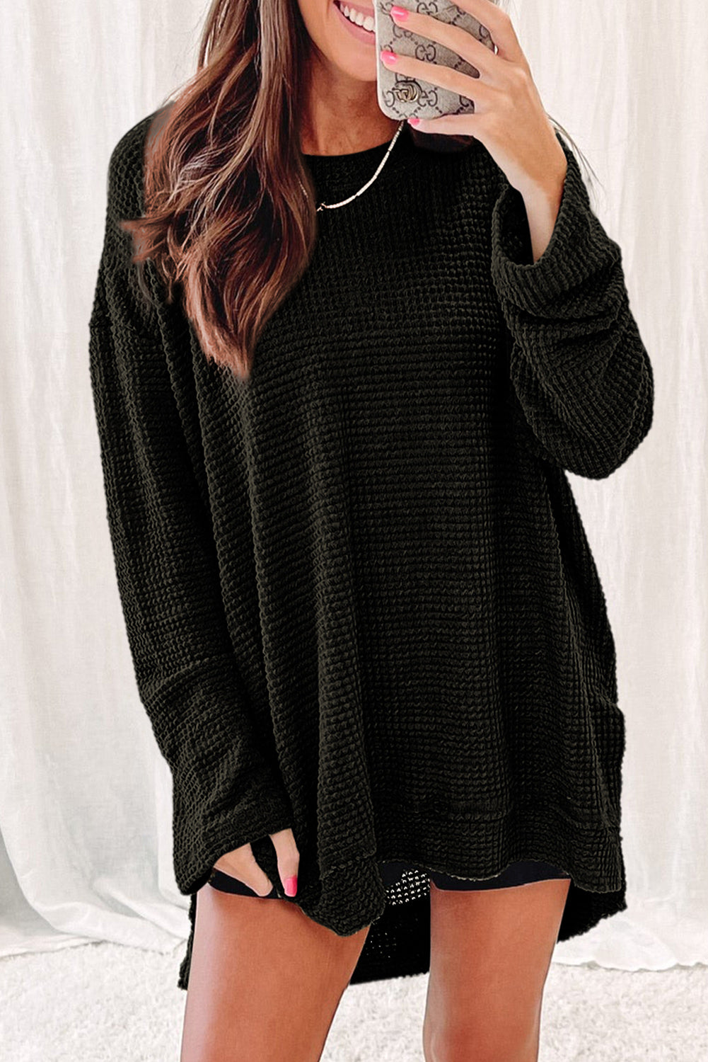 Cali Chic Women Black Waffle Knit High Slits Oversized Tops