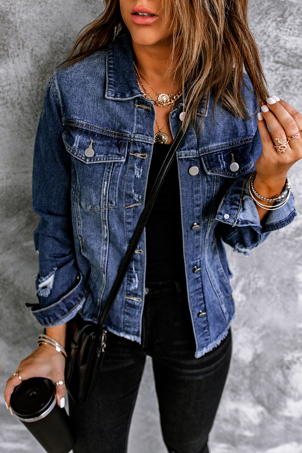 Cali Chic Blue Lapel Distressed Raw Hem Buttons Denim Jacket