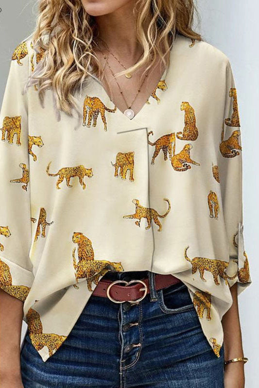 Apricot Printed Leopard Print Tab Sleeve Loose Fit V Neck Blouse