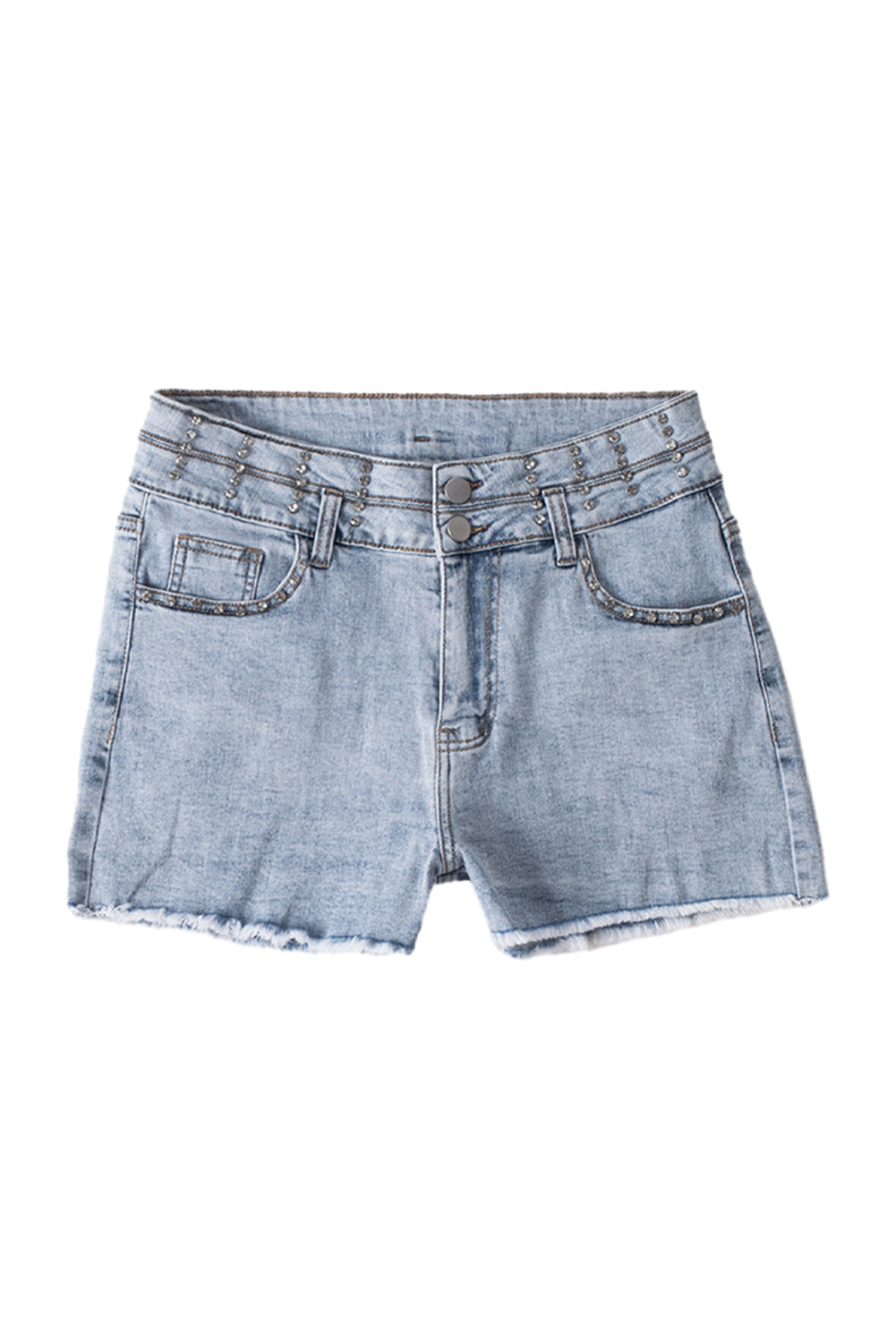 Sky Blue Diamond Studded Vintage Wash Denim Shorts