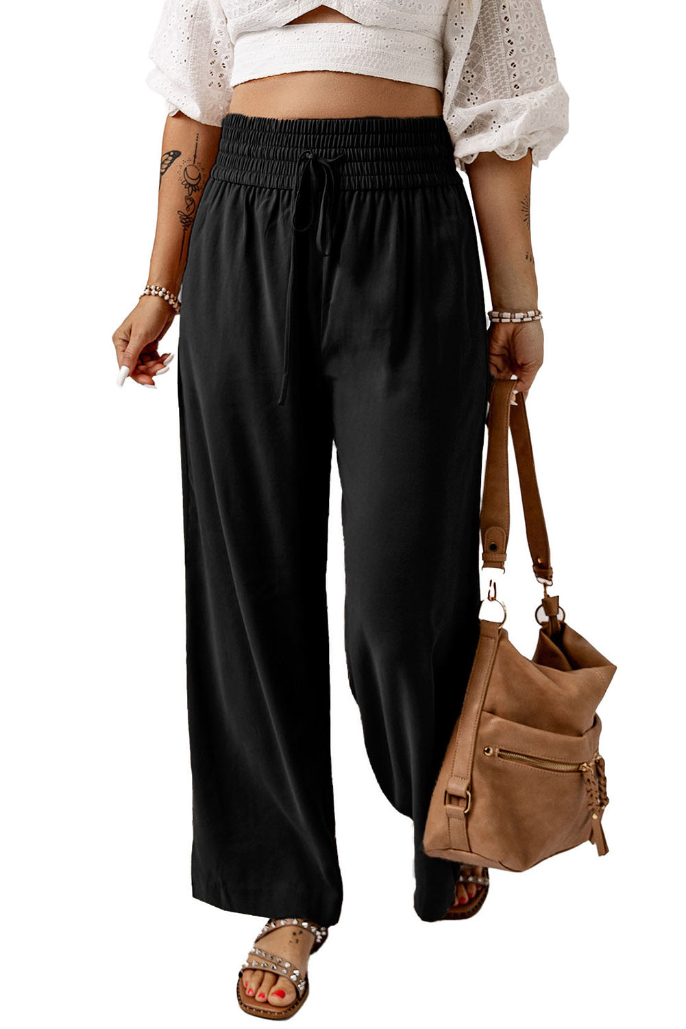 Cali Chic Women Wide Leg Pants Black Drawstring Elastic Waist